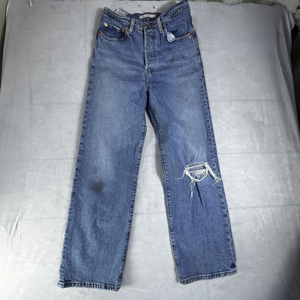 Levi's Womens Ribcage Straight Ankle Jeans Blue Distressed Denim Outdoor 28